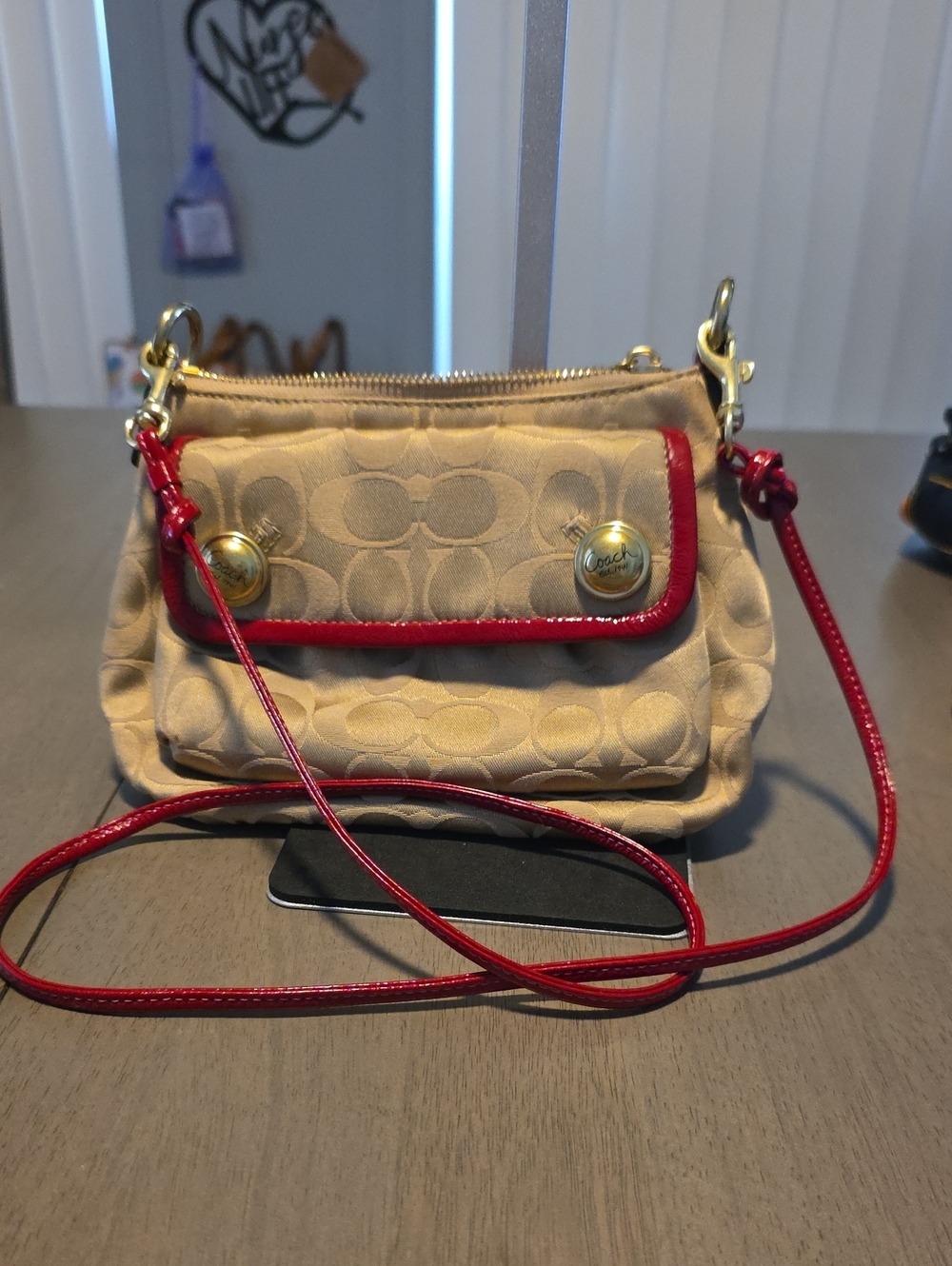 2009 Coach Poppy Beige Signature C Crossbody with Red Patent Trim